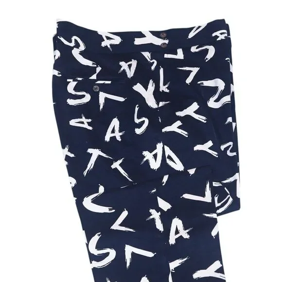 Mens Gurkha Pants 38 Blue White Chino Trousers Text Print Straight Flat Front